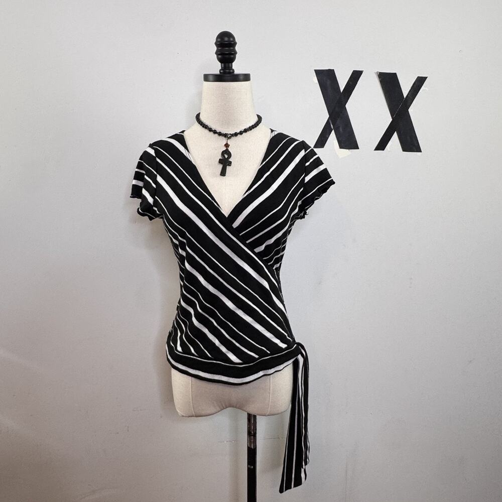 Vintage 90s Black & White Striped Faux Wrap Top Side Tie Indie Grunge L